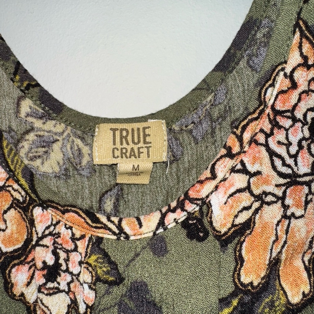Women's True Craft Floral Cold Shoulder Top Size M Green Orange Blouse Tie Front - Picture 6 of 8